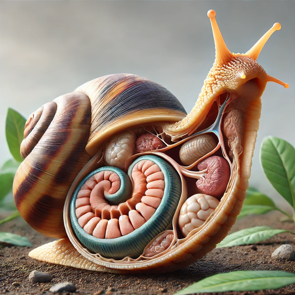 DALL·E 2024-09-22 17.34.40 - A realistic cross-section photo of an African giant snail (Achatina species). The image should show the internal anatomy of the snail, including its d