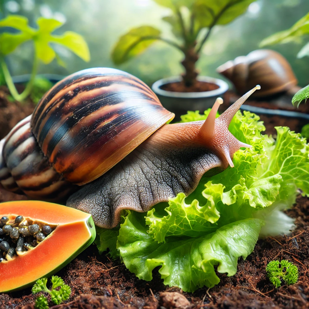 DALL·E 2024-09-22 17.37.31 - A realistic photo representing snail farming and feeding practices for Module 3. The image should show an African giant snail (Achatina species) in a