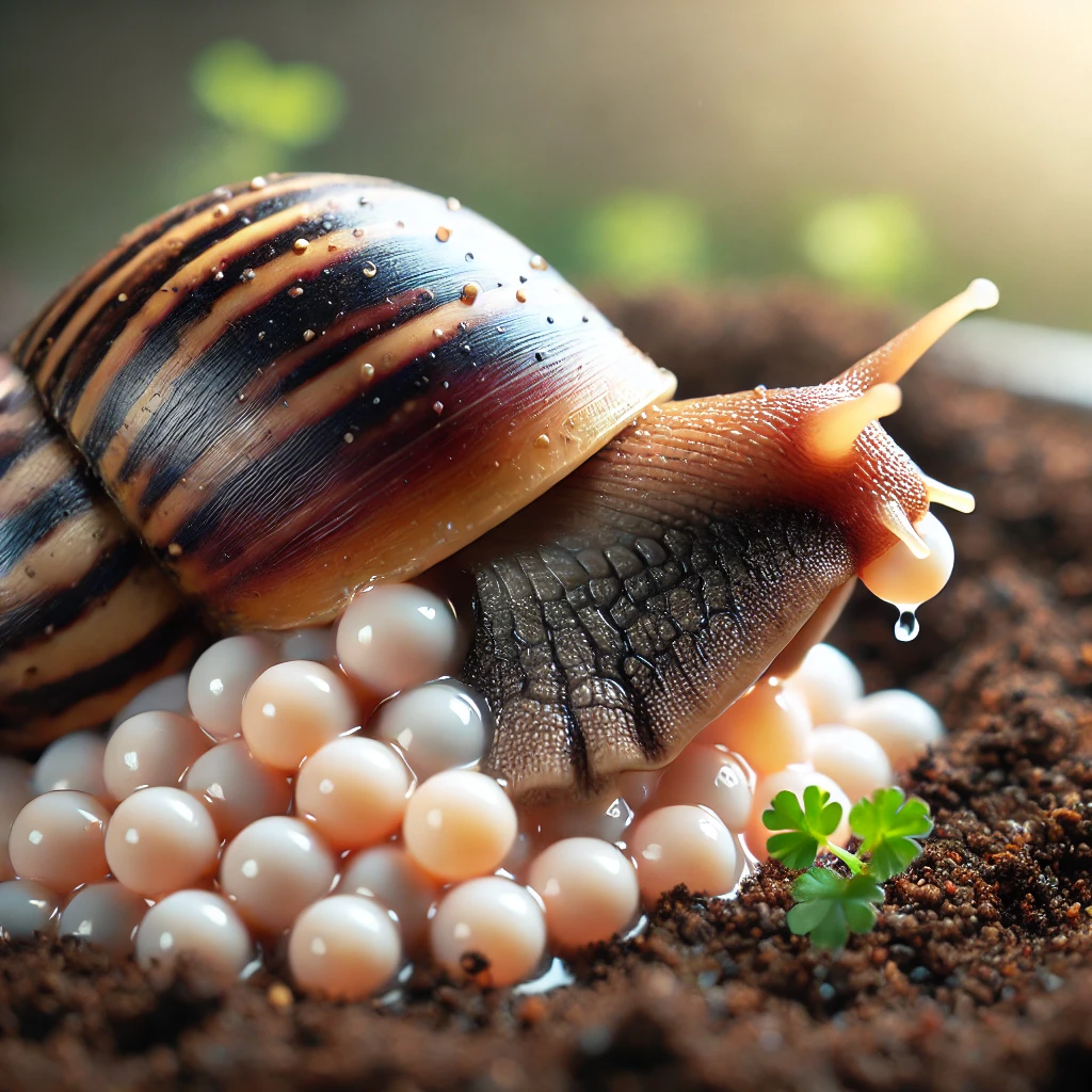 DALL·E 2024-09-22 17.40.25 - A realistic photo representing the reproduction and management of snails for Module 4. The image should show an African giant snail (Achatina species)