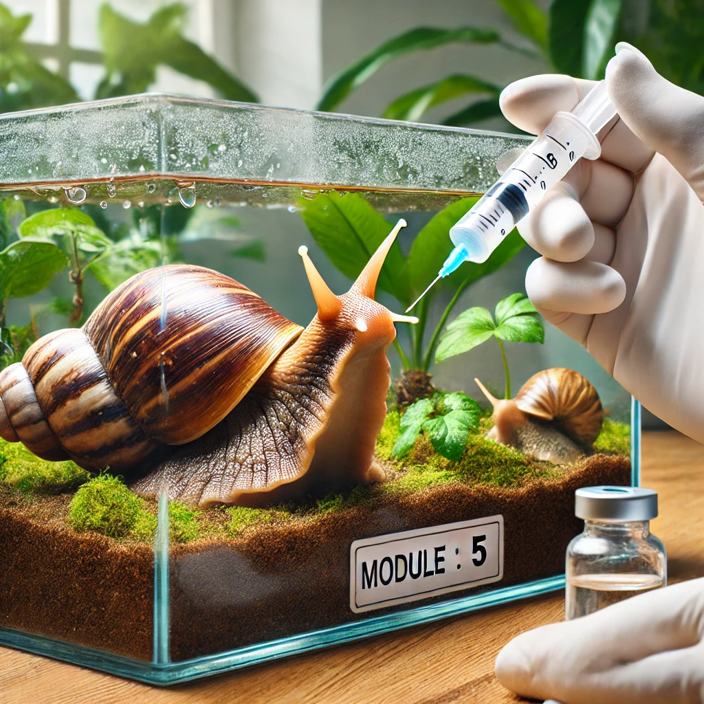 DALL·E 2024-09-22 17.43.06 - A realistic photo representing the health and hygiene of snails for Module 5. The image should show an African giant snail (Achatina species) in a cle